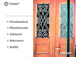 2 Trender?




 Förstahandsval

 Platsoberoende

 Arbetsytor

 Behovsstyrt

 Realtid


                FOTO AV GEORGE
 