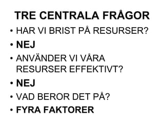 TRE CENTRALA FRÅGOR
• HAR VI BRIST PÅ RESURSER?
• NEJ
• ANVÄNDER VI VÅRA
RESURSER EFFEKTIVT?
• NEJ
• VAD BEROR DET PÅ?
• FYRA FAKTORER
 