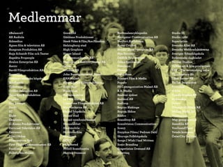 Medlemmar
2BalanceU                       Good Old                         Nationalencyklopedin          Studio III
AB Audiola                      Gäddans Produktioner             Navigator Communication AB    Studio 1982
Admedius                        Hawk Video & Film/Ace Filmshop   NetPort.Karlshamn             Superlativo
Agnes ﬁlm & television AB       Helsingborg stad                 Noisy Cricket                 Svenska Aller AB
Anagram Produktion AB           High Graphics                    Nordic game resources AB      Svenska Webbredaktörerna
Anja Schmidt Film och Teater    Hyper Island                     Nya Eminent                   Sveriges Yrkeshögskola
Aspekta Propeople               ID Kommunikation AB              Oddlife Productions           Sydsvenska dagbladet
Avalon Enterprise AB            Inspicient & Reklamtjänster AB   Ozma Speldesign               Tarsier Studios
Awnic                           inUse                            Paxvision                     TeWee art & ﬁlm production
Bardå Filmproduktion AB         Istudios HB                      Planeto                       TAT – The astonishing tribe
BoostHbg                        John Bauergymnasiet, Ystad       Polar Rose                    This Zentury Ab
Blekinge tekniska högskola      KAN Malmö                        Ponnert Film & Media          Tibet Server AB
Bredband2                       King Edward Filmproduktion       Popolo                        TicTac Interactive
Cybercom                        Kostr ﬁlm                        PS Communication Malmö AB     Trossﬁlm
Colibri Television AB           Kreativum                        R.R. Media                    U-ﬁlm
Dana ﬁlm & produktion           Kulturmejeriet                   Reaktor sydost                Upside Studios AB
Digifex                         Le Petit Garcon                  Redikod AB                    UpSweden
Doc Lounge                      Limestone Filmproduktion AB      Redloop                       Ustwo
Do-Fi                           MacMeckarna AB                   Region Blekinge               Vitamin SE Media AB
EC                              Malmö högskola                   Region Skåne                  Wallen Media AB
Eight                           Malmö stad                       Riidoo                        Wannaplay
Eksploria                       Malmö symfoniorkester            Scanditoy AB                  Way group europé
El Alamo Produktioner           Manuslabbet                      Scandvision Communication     Xenoﬁlia AB
Eurocast Television AB          Mashmobile                       Scen3                         YouUsandThem
Extransit                       Midvinterﬁlm                     Sisyphus Films/ Pedram Dahl   Ystads kommun
Film i Skåne                    Mindpark                         Skurups Folkhögskola          ÖsterCity Service
Filmcentrum Syd                 MINT                             Songs I Wish I had Written
First Flight Communication AB   Misprinted                       Sonic Branding
Foodism                         Mobill Scandinavia               Stagevision Oresund AB
Folkets Bio Malmö               Moving Stonecat                  Stratiteq
 