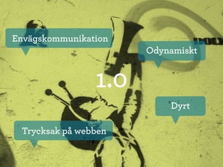 Envägskommunikation
                      Odynamiskt


                1.0
                          Dyrt

 Trycksak på webben
 