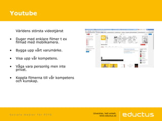 S o c i a l a m e d i e r f ö r P I Y O
Världens största videotjänst
• Duger med enklare filmer t ex
filmad med mobilkamera.
• Bygga upp vårt varumärke.
• Visa upp vår kompetens.
• Våga vara personlig men inte
privat.
• Koppla filmerna till vår kompetens
och kunskap.
Youtube
 