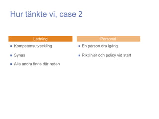 Hur tänkte vi, case 2

              Ledning                           Personal
   Kompetensutveckling             En person dra igång

   Synas                           Riktlinjer och policy vid start

   Alla andra finns där redan
 