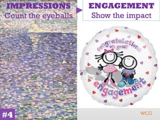 IMPRESSIONS          ENGAGEMENT
Count the eyeballs    Show the impact




#4
 
