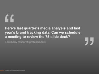 “
Here’s last quarter’s media analysis and last
year’s brand tracking data. Can we schedule




                                                ”
a meeting to review the 75-slide deck?
Too many research professionals




Contents are proprietary and confidential.
 