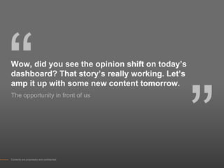“
Wow, did you see the opinion shift on today’s
dashboard? That story’s really working. Let’s




                                                ”
amp it up with some new content tomorrow.
The opportunity in front of us




Contents are proprietary and confidential.
 