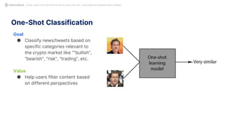 One-Shot Classification
Goal
● Classify news/tweets based on
specific categories relevant to
the crypto market like “”bullish”,
“bearish”, “risk”, “trading”, etc.
Value
● Help users filter content based
on different perspectives
SOCIAL ANALYTICS FOR CRYPTO: MYTHS, REALITIES, GPT-3 AND SOME ASTONISHING DATA SCIENCE
 