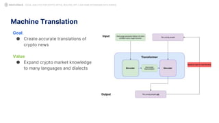 Machine Translation
Goal
● Create accurate translations of
crypto news
Value
● Expand crypto market knowledge
to many languages and dialects
SOCIAL ANALYTICS FOR CRYPTO: MYTHS, REALITIES, GPT-3 AND SOME ASTONISHING DATA SCIENCE
 