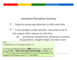 Annotation Perception Summary

     •  Subjects always pay attention to URLs and titles
     •  If not enough to make decision, they look to see if
        the snippet offers reasons to click thru
            §  Annotation competes for attention in context
               of placement, snippet length, & avatar icons
結論
1.Use總會把注意力放在Topics 與 URL上面

2.如果Topics與URL提供的資訊不夠讓User做出決定，那user會去看
snippet的內容，看看內容是否提供足夠的理由讓User點擊進去看。
第二點的次結論是Annotation能獲得的注意力與context的擺放位置，          Google Confidential and Proprietary

snippet的長度與avatar icons的大小有競爭關係。
 