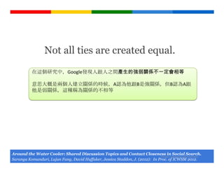 Not all ties are created equal.
            在這個研究中，Google發現人跟人之間產生的強弱關係不一定會相等

            意思大概是兩個人建立關係的時候，A認為他跟B是強關係，但B認為A跟
            他是弱關係，這種稱為關係的不相等




Around the Water Cooler: Shared Discussion Topics and Contact Closeness in Social Search.
                                                                               Google Confidential and Proprietary
Saranga Komanduri, Lujun Fang, David Huffaker, Jessica Staddon, J. (2012): In Proc. of ICWSM 2012.
 