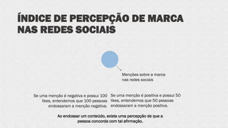ÍNDICE DE PERCEPÇÃO DE MARCA
NAS REDES SOCIAIS
Menções sobre a marca
nas redes sociais
Se uma menção é negativa e possui 100
likes, entendemos que 100 pessoas
endossaram a menção negativa.
Se uma menção é positiva e possui 50
likes, entendemos que 50 pessoas
endossaram a menção positiva.
Ao endossar um conteúdo, existe uma percepção de que a
pessoa concorda com tal afirmação.
 