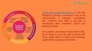 Social and emotional learning is not only
limited to schools, nowadays it has to be
implemented in colleges, workplaces
etc.., Parents also have a big role in
developing their children’s social and
emotional skills.
As a parent, you have to learn about SEL,
try to imply in your life, get involved with
them, allow them to share their feelings,
guide them and appreciate them.
 
