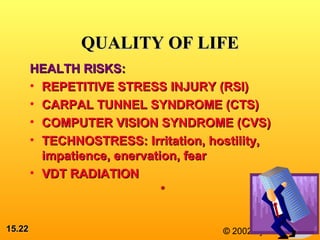 15.15.2222 © 2002 by Prentice Hall
QUALITY OF LIFEQUALITY OF LIFE
HEALTH RISKS:HEALTH RISKS:
• REPETITIVE STRESS INJURY (RSI)REPETITIVE STRESS INJURY (RSI)
• CARPAL TUNNEL SYNDROME (CTS)CARPAL TUNNEL SYNDROME (CTS)
• COMPUTER VISION SYNDROME (CVS)COMPUTER VISION SYNDROME (CVS)
• TECHNOSTRESS: Irritation, hostility,TECHNOSTRESS: Irritation, hostility,
impatience, enervation, fearimpatience, enervation, fear
• VDT RADIATIONVDT RADIATION
**
 
