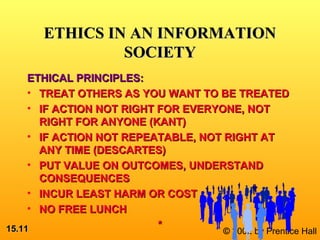 15.15.1111 © 2002 by Prentice Hall
ETHICAL PRINCIPLES:ETHICAL PRINCIPLES:
• TREAT OTHERS AS YOU WANT TO BE TREATEDTREAT OTHERS AS YOU WANT TO BE TREATED
• IF ACTION NOT RIGHT FOR EVERYONE, NOTIF ACTION NOT RIGHT FOR EVERYONE, NOT
RIGHT FOR ANYONE (KANT)RIGHT FOR ANYONE (KANT)
• IF ACTION NOT REPEATABLE, NOT RIGHT ATIF ACTION NOT REPEATABLE, NOT RIGHT AT
ANY TIME (DESCARTES)ANY TIME (DESCARTES)
• PUT VALUE ON OUTCOMES, UNDERSTANDPUT VALUE ON OUTCOMES, UNDERSTAND
CONSEQUENCESCONSEQUENCES
• INCUR LEAST HARM OR COSTINCUR LEAST HARM OR COST
• NO FREE LUNCHNO FREE LUNCH
**
ETHICS IN AN INFORMATIONETHICS IN AN INFORMATION
SOCIETYSOCIETY
 
