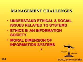 15.15.44 © 2002 by Prentice Hall
MANAGEMENT CHALLENGESMANAGEMENT CHALLENGES
• UNDERSTAND ETHICAL & SOCIALUNDERSTAND ETHICAL & SOCIAL
ISSUES RELATED TO SYSTEMSISSUES RELATED TO SYSTEMS
• ETHICS IN AN INFORMATIONETHICS IN AN INFORMATION
SOCIETYSOCIETY
• MORAL DIMENSION OFMORAL DIMENSION OF
INFORMATION SYSTEMSINFORMATION SYSTEMS
**
 