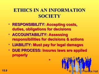 15.15.99 © 2002 by Prentice Hall
ETHICS IN AN INFORMATIONETHICS IN AN INFORMATION
SOCIETYSOCIETY
• RESPONSIBILITY:RESPONSIBILITY: Accepting costs,Accepting costs,
duties, obligations for decisionsduties, obligations for decisions
• ACCOUNTABILITY:ACCOUNTABILITY: AssessingAssessing
responsibilities for decisions & actionsresponsibilities for decisions & actions
• LIABILITY:LIABILITY: Must pay for legal damagesMust pay for legal damages
• DUE PROCESS:DUE PROCESS: Insures laws are appliedInsures laws are applied
properlyproperly
**
 