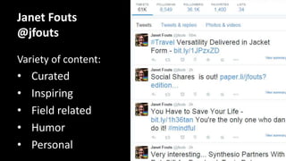 Nonprofit Orgs
@nonprofitorgs
• Offers high-quality
free content
• RTs influencers
• Maintains good
mix of self-
promotion vs. 3rd
party content
 