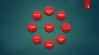 16
Transmissi
on of
Cholera
Immediate
sources of
infection are the
stools and vomit
of infected
patients
Feacally
Contaminated
water
Contaminated
water and food
Raw or
uncooked
food
Poor
sanitation
conditions
Lack of
education and
poor quality of
life
Low standard
of personal
hygeine
Type O blood-
They are twice
susceptible
 