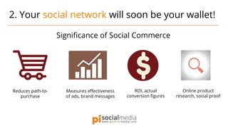 2. Your social network will soon be your wallet!
Significance of Social Commerce
Reduces path-to-
purchase
Measures effectiveness
of ads, brand messages
ROI, actual
conversion figures
Online product
research, social proof
 