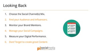 Looking Back
1. Choose the Social Channel(s) Mix.
2. Find your Audience and Influencers.
3. Monitor your Brand Mentions.
4. Manage your Social Campaigns.
5. Measure your Digital Performance.
6. Dont’ forget to create great Content.
 