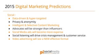2015 Digital Marketing Predictions
Social :
● Data-driven & hyper-targeted
● Privacy & anonymity
● Intelligent & Selective Content Marketing
● Advocates will be stronger than influencers
● Social Media ads will become more expense
● Social listening will drive crisis management & customer service
● Video advertising will see a NEW effective format
 