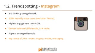 ● 3rd fastest growing network.
● 300M monthly active users (overtaken Twitter).
● Highest engagement rate - 4.2%.
● Gender balanced (49% female, 51% male).
● Popular among millennials.
● Key trends of 2015 – video, imagery, mobile, messaging.
1.2. Trendspotting - Instagram
 