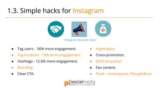 1.3. Simple hacks for Instagram
● Tag users - 56% more engagement.
● Tag locations - 79% more engagement.
● Hashtags - 12.6% more engagement.
● Branding.
● Clear CTA.
● Hyperlapse.
● Cross-promotion.
● Don’t be pushy!
● Fan content.
● Tools - Iconosquare, ThoughtBuzz.
Instagram Business Value
 