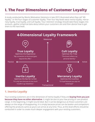I. The Four Dimensions of Customer Loyalty
A study conducted by Maritz Motivation Solutions in late 2015 illustrated what they call “4D
loyalty,” or the four stages of customer loyalty. Their four key levels were inertia loyalty, merce-
nary loyalty, true loyalty, and cult loyalty. Your retention strategy should take these stages into
account—gather empirical data about where your customers are and then devise how to get
them to the next level.
4-Dimensional Loyalty Framework
True Loyalty
Optimize the Experience
“My connection to the brand goes
beyond the oﬀer.”
Cult Loyalty
Optimize the Tribe
“The brand reﬂects my
personal identity.”
Inertia Loyalty
Optimize the Barrier to Exit
“I’m only here because its too much
trouble to go elsewhere.”
Mercenary Loyalty
Optimize the Incentive
“I’m loyal because you pay me
to be loyal.”
Passive Active
Transactional
Relational
1. Inertia Loyalty
Your existing customers are in the dimension of inertia loyalty if they are buying from you just
because they have no other alternative. It might be due to your low pricing or rare product
range. In the beginning, it might sound ideal. But it can be dangerous as those customers are
always on the verge of disappearing. It is simply because prices can be beaten and competitors
oﬀering the products same as yours can arrive at any time. Thus, at this level eﬀorts should be
conducted in order to create much deeper engagement with your existing customers.
 