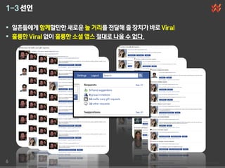 1-3 선언

 일촌들에게 함께할만한 새로운 놀 거리를 젂달해 줄 장치가 바로 Viral
 훌륭한 Viral 없이 훌륭한 소셜 앱스 젃대로 나올 수 없다.




6
 