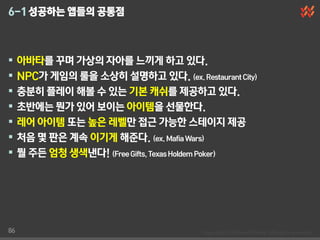 6-1 성공하는 앱들의 공통점



    아바타를 꾸며 가상의 자아를 느끼게 하고 있다.
    NPC가 게임의 룰을 소상히 설명하고 있다. (ex. Restaurant City)
    충분히 플레이 해볼 수 있는 기본 캐쉬를 제공하고 있다.
    초반에는 뭔가 있어 보이는 아이템을 선물한다.
    레어 아이템 또는 높은 레벨만 접근 가능한 스테이지 제공
    처음 몇 판은 계속 이기게 해준다. (ex. Mafia Wars)
    뭘 주듞 엄청 생색낸다! (Free Gifts, Texas Holdem Poker)




86
 