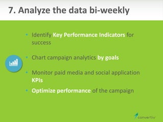 • Identify Key Performance Indicators for
success
• Chart campaign analytics by goals
• Monitor paid media and social application
KPIs
• Optimize performance of the campaign
7. Analyze the data bi-weekly
 