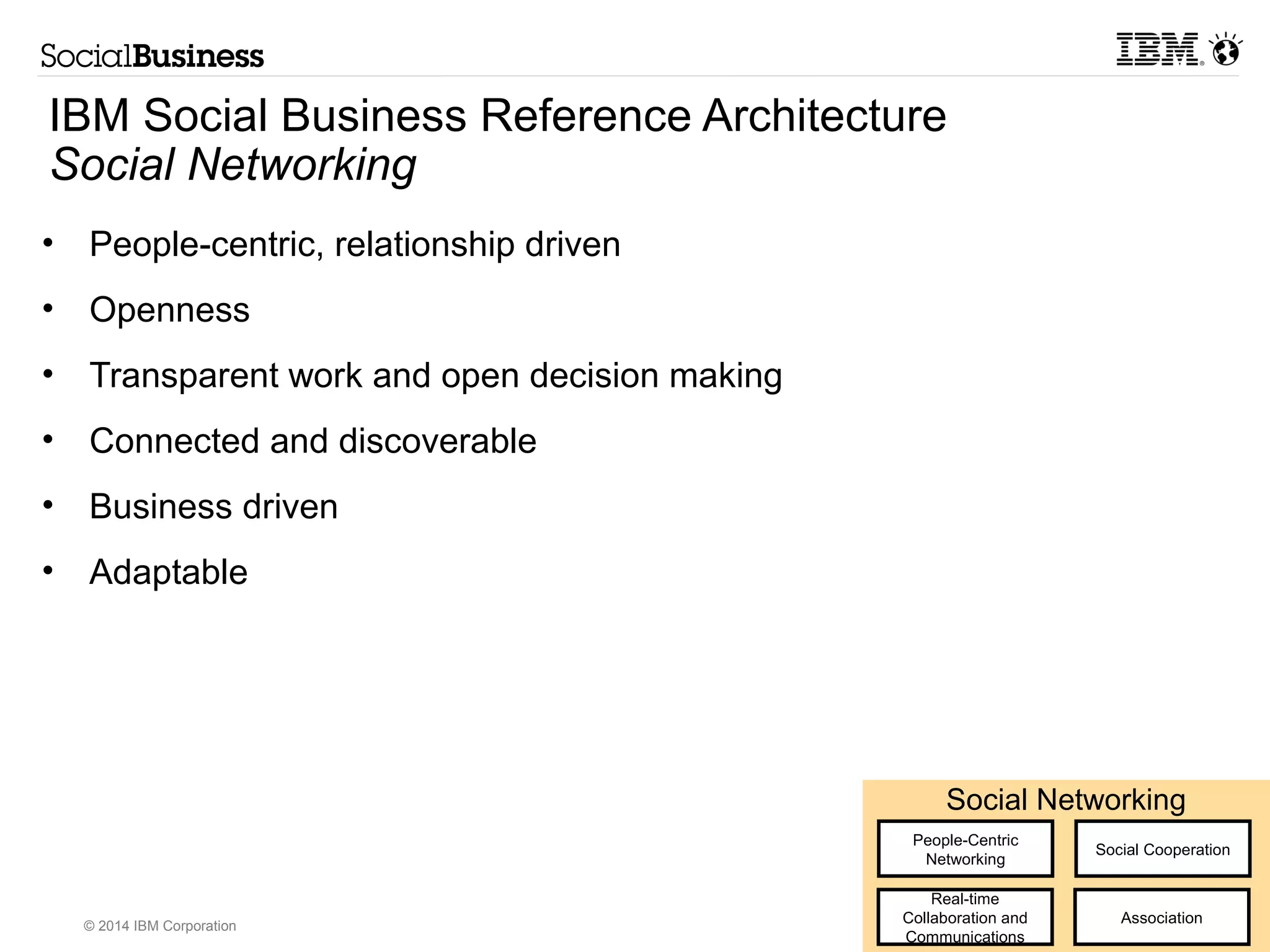 IBM Social Business Reference Architecture 
Social Networking 
• People-centric, relationship driven 
• Openness 
• Transparent work and open decision making 
• Connected and discoverable 
• Business driven 
• Adaptable 
© 2014 IBM Corporation 
Social Networking 
People-Centric 
Networking Social Cooperation 
Real-time 
Collaboration and 
Association 
Communications 
 