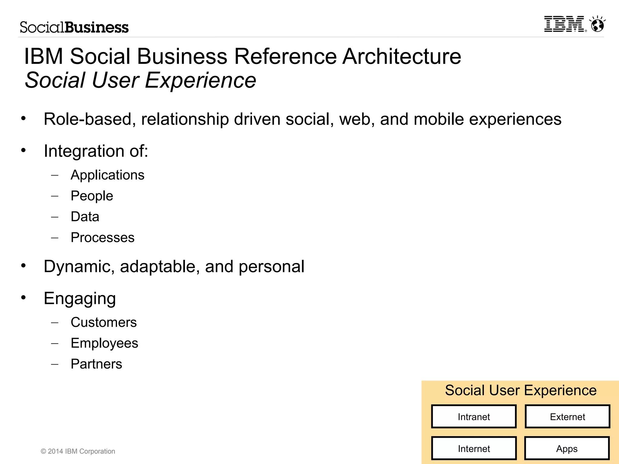 IBM Social Business Reference Architecture 
Social User Experience 
• Role-based, relationship driven social, web, and mobile experiences 
• Integration of: 
– Applications 
– People 
– Data 
– Processes 
• Dynamic, adaptable, and personal 
• Engaging 
– Customers 
– Employees 
– Partners 
© 2014 IBM Corporation 
Social User Experience 
Intranet Externet 
Internet Apps 
 