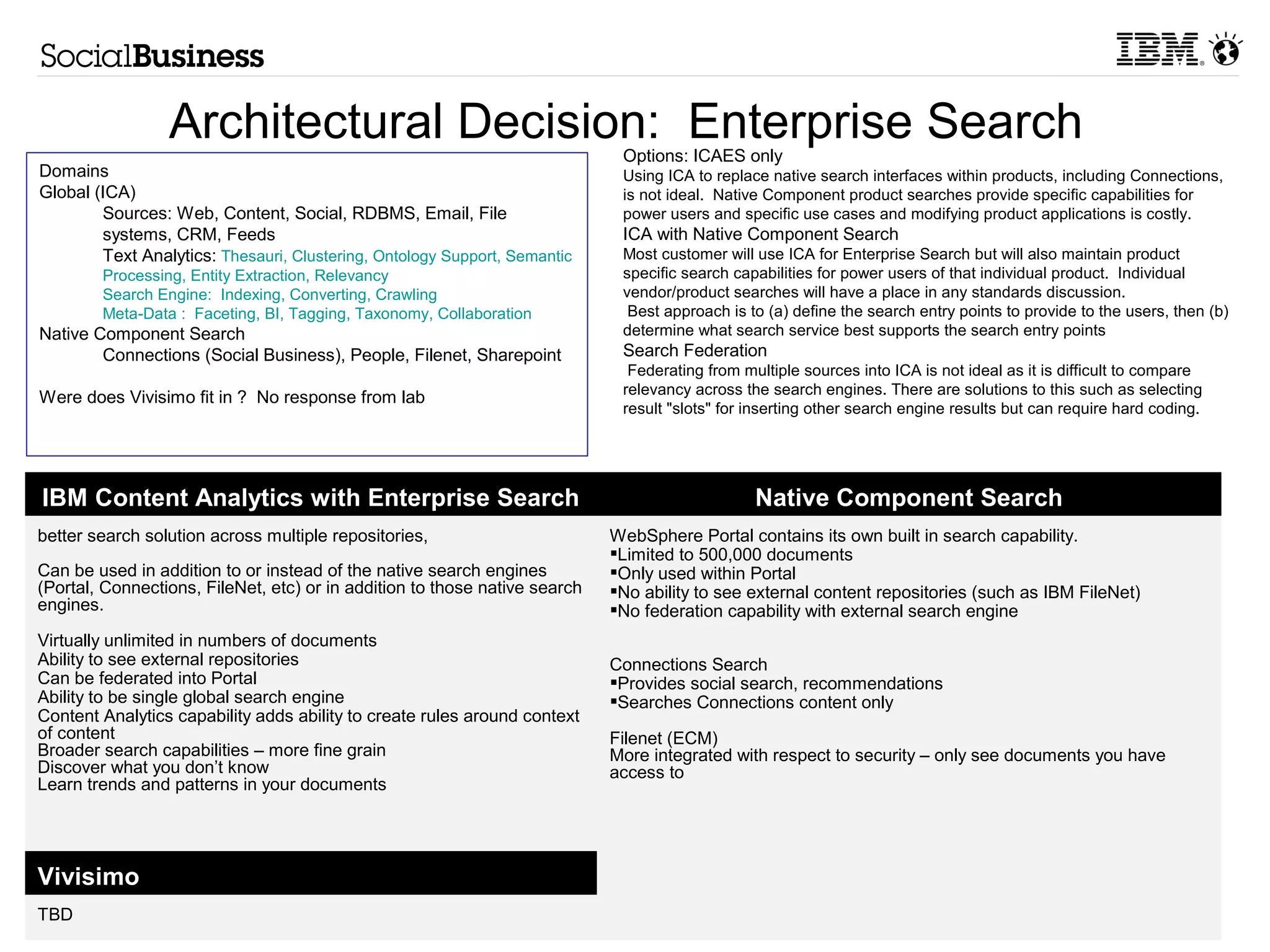 © 2014 IBM Corporation 
Mobile Architecture Decisions 
Connections Mobile device access 
http://www-01.ibm.com/software/lotus/products/connections/socialeverywhere.html 
IBM Connections allows mobile users access to their corporate Connections data on-the-go via a micro-browser or a mobile 
application (device dependent). With a minimal number of taps, users can access their social software information – such as: 
Updates, Profiles, Communities (including the Media Gallery and Ideation Blogs) Files, Wikis, Activities, Forums, Blogs and 
Bookmarks - directly from their mobile device. 
Supported devices include: Apple iOS 4.0 and above, Android 2.2 and above, Blackberry OS6 and above, Nokia (micro-browser 
only), and RIM Playbook (micro-browser only). 
The IBM Connections mobile applications are available directly from the device vendor's digital distribution platform (app 
store). 
 