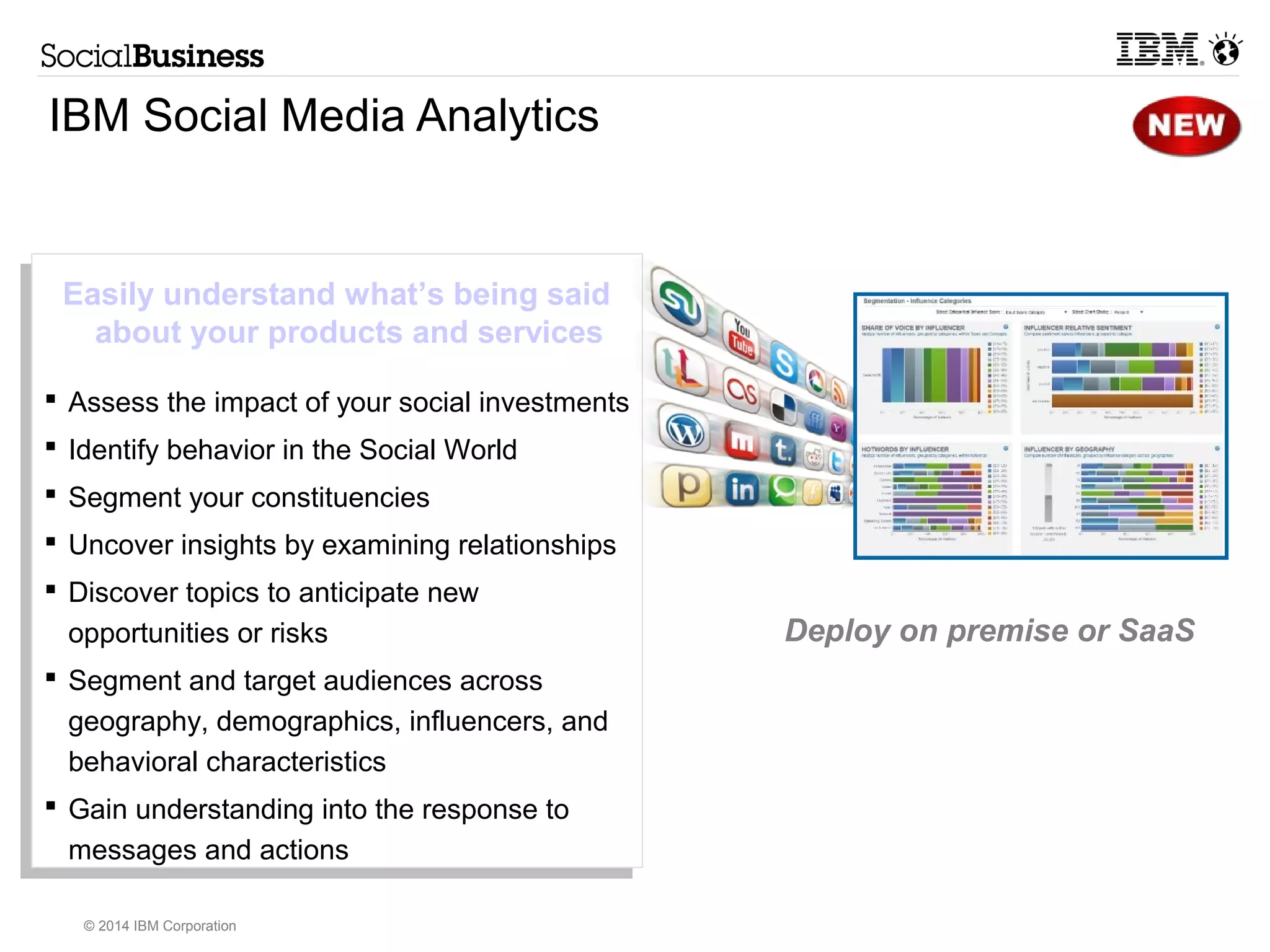 IBM provides a holistic and integrated approach to Big Data & Analytics 
© 2014 IBM Corporation 
IBM’s Advantage in Analytics for Big Data 
Signature Solutions 
Product and content integration for specific 
Domains (NBA, Fraud, Maint & Quality) 
IBM Social Media Analytics 
Out of box application and integration 
with other data sources 
IBM SPSS Decision Management 
Real-time decisions made simple by combining predictive 
analytics, business rules, and optimization 
IBM Cognos BI & IBM SPSS Analytic Catalyst 
Fast automated understanding, robust 
exploration and unified dashboards 
IBM SPSS Modeler 
One single UI for building & deploying 
Predictive models against all forms of big data 
IBM SPSS Collaboration & Deployment Services 
Integration and governance to facilitate the 
analytics lifecycle and efficient deployment 

