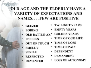 OLD AGE AND THE ELDERLY HAVE A
 VARIETY OF EXPECTATIONS AND
  NAMES. . . .FEW ARE POSITIVE
    •   GEEZER        •   TWILIGHT YEARS
    •   BORING        •   EMPTY YEARS
    •   OLD BATTLE-AX •   GOLDEN YEARS
    •   USELESS       •   TIME OF OUR LIFE
    •   OUT OF TOUCH •    TIME OF LOSS
    •   SMELLY        •   TIME OF PAIN
    •   SENILE        •   DEPENDENT
    •   RESPECTED     •   DEMANDING
    •   DEMENTED      •   LOSS OF AUTONOMY
 