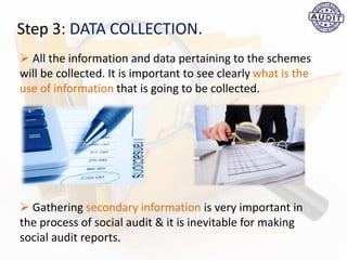 Step 3: DATA COLLECTION.
 Gathering secondary information is very important in
the process of social audit & it is inevitable for making
social audit reports.
 All the information and data pertaining to the schemes
will be collected. It is important to see clearly what is the
use of information that is going to be collected.
 