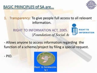 BASIC PRINCIPLES of SA are…
1. Transparency: To give people full access to all relevant
information.
RIGHT TO INFORMATION ACT, 2005.
(Foundation of Social Audit)
- Allows anyone to access information regarding the
function of a scheme/project by filing a special request.
- PIO.
 