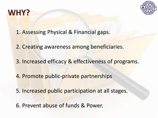 1. Assessing Physical & Financial gaps.
2. Creating awareness among beneficiaries.
3. Increased efficacy & effectiveness of programs.
4. Promote public-private partnerships
5. Increased public participation at all stages.
6. Prevent abuse of funds & Power.
WHY?
 