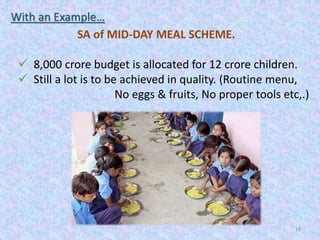 18
With an Example…
SA of MID-DAY MEAL SCHEME.
 8,000 crore budget is allocated for 12 crore children.
 Still a lot is to be achieved in quality. (Routine menu,
No eggs & fruits, No proper tools etc,.)
 