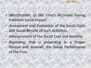• Identification of the Firm’s Activities having
Potential Social Impact.
• Assessment and Evaluation of the Social Costs
and Social Benefit of such Activities.
• Measurement of the Social Cost and Benefits.
• Reporting, that is presenting in a Proper
Format and Manner, the Social Performance
of the Firm.
 