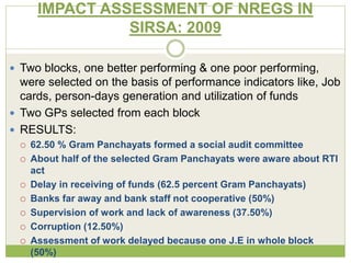 IMPACT ASSESSMENT OF NREGS IN 
SIRSA: 2009 
 Two blocks, one better performing & one poor performing, 
were selected on the basis of performance indicators like, Job 
cards, person-days generation and utilization of funds 
 Two GPs selected from each block 
 RESULTS: 
 62.50 % Gram Panchayats formed a social audit committee 
 About half of the selected Gram Panchayats were aware about RTI 
act 
 Delay in receiving of funds (62.5 percent Gram Panchayats) 
 Banks far away and bank staff not cooperative (50%) 
 Supervision of work and lack of awareness (37.50%) 
 Corruption (12.50%) 
 Assessment of work delayed because one J.E in whole block 
(50%) 
 