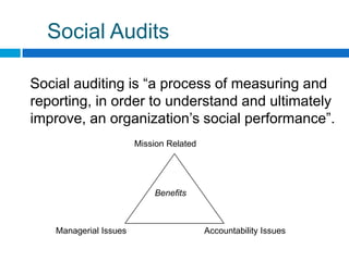 Social Audits

Social auditing is “a process of measuring and
reporting, in order to understand and ultimately
improve, an organization‟s social performance”.
                        Mission Related




                            Benefits



    Managerial Issues                     Accountability Issues
 