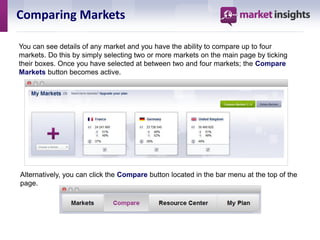 Comparing Markets

You can see details of any market and you have the ability to compare up to four
markets. Do this by simply selecting two or more markets on the main page by ticking
their boxes. Once you have selected at between two and four markets; the Compare
Markets button becomes active.




Alternatively, you can click the Compare button located in the bar menu at the top of the
page.
 