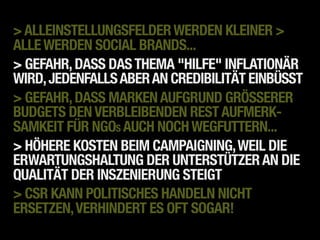 > ALLEINSTELLUNGSFELDER WERDEN KLEINER >
ALLE WERDEN SOCIAL BRANDS...
> GEFAHR, DASS DAS THEMA "HILFE" INFLATIONÄR
WIRD, JEDENFALLS ABER AN CREDIBILITÄT EINBÜSST
> GEFAHR, DASS MARKEN AUFGRUND GRÖSSERER
BUDGETS DEN VERBLEIBENDEN REST AUFMERK-
SAMKEIT FÜR NGOS AUCH NOCH WEGFUTTERN...
> HÖHERE KOSTEN BEIM CAMPAIGNING, WEIL DIE
ERWARTUNGSHALTUNG DER UNTERSTÜTZER AN DIE
QUALITÄT DER INSZENIERUNG STEIGT
> CSR KANN POLITISCHES HANDELN NICHT
ERSETZEN, VERHINDERT ES OFT SOGAR!
 