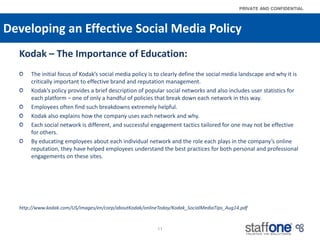 Developing an Effective Social Media Policy,[object Object],Kodak – The Importance of Education:,[object Object],The initial focus of Kodak’s social media policy is to clearly define the social media landscape and why it is critically important to effective brand and reputation management. ,[object Object],Kodak’s policy provides a brief description of popular social networks and also includes user statistics for each platform – one of only a handful of policies that break down each network in this way.,[object Object],Employees often find such breakdowns extremely helpful. ,[object Object],Kodak also explains how the company uses each network and why. ,[object Object],Each social network is different, and successful engagement tactics tailored for one may not be effective for others. ,[object Object],By educating employees about each individual network and the role each plays in the company’s online reputation, they have helped employees understand the best practices for both personal and professional engagements on these sites.,[object Object],http://www.kodak.com/US/images/en/corp/aboutKodak/onlineToday/Kodak_SocialMediaTips_Aug14.pdf,[object Object],11,[object Object]