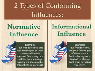 2 Types of Conforming
Inﬂuences:
Normative
Inﬂuence
Informational
Inﬂuence
Example:
Your friends tell you
that your favorite pair
of shoes are not
fashionable anymore.
You had no idea, so
thank them for letting
you know!
Example:
Your friends tell you that
your favorite pair of shoes
are not fashionable
anymore. Even though you
still like them, you stop
wearing the shoes so the
group thinks you are cool.
 