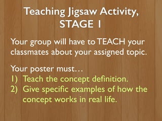 Teaching Jigsaw Activity,
STAGE 1
Your group will have to TEACH your
classmates about your assigned topic.
Your poster must…
1) Teach the concept deﬁnition.
2) Give speciﬁc examples of how the
concept works in real life.
 