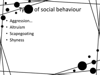 Types of social behaviour
• Aggression…
• Altruism
• Scapegoating
• Shyness