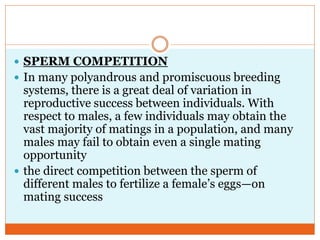  SPERM COMPETITION
 In many polyandrous and promiscuous breeding
systems, there is a great deal of variation in
reproductive success between individuals. With
respect to males, a few individuals may obtain the
vast majority of matings in a population, and many
males may fail to obtain even a single mating
opportunity
 the direct competition between the sperm of
different males to fertilize a female‘s eggs—on
mating success
 