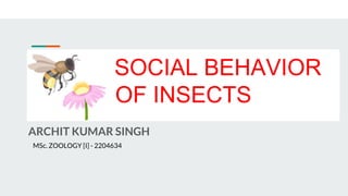 SOCIAL BEHAVIOR
OF INSECTS
ARCHIT KUMAR SINGH
MSc. ZOOLOGY [I] - 2204634
 